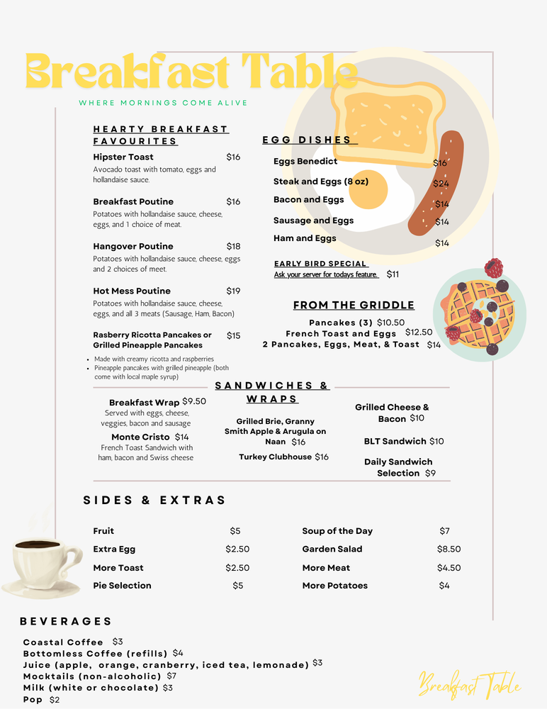 Breakfast Table Menu BREAKFAST TABLE - Updated July 2026 - 829 Queen Street, Kincardine ...