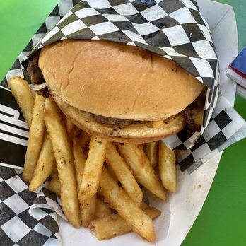 Monkeyshines - The Shines - "double 4oz gourmet brisket-blend patties, American cheese, grilled onions, pickles, house sauce, on toasted bun" - Food Trucks Near Me Monkeyshines - The Shines - "double 4oz gourmet brisket-blend patties, American cheese, grilled onions, pickles, house sauce, on toasted bun" - Food Trucks Near Me