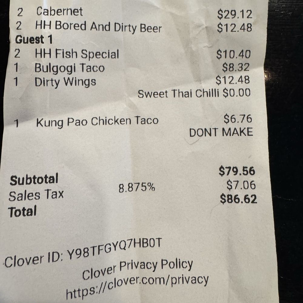 Dirty Taco + Tequila Bayside - Receipt. No cash discount - Tacos Near Me - Bayside, New York