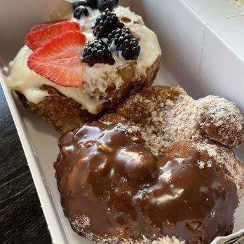 Parlor Doughnuts - Churro (half chocolate dipped half cinnamon sugar) and seasonal fruit tart - Donuts Near Me - Clearwater Beach, Florida Parlor Doughnuts - Churro (half chocolate dipped half cinnamon sugar) and seasonal fruit tart - Donuts Near Me - Clearwater Beach, Florida