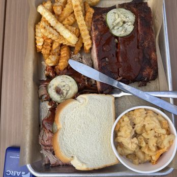 Burning Tree Smokehouse - 3 meat plate- ribs, pork, brisket. Fries and mac & cheese - Tacos Near Me - Birmingham, Alabama