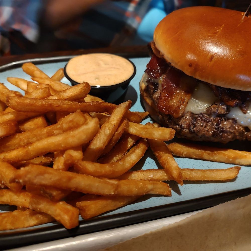 Tiger Burger with fries and cowboy sauce Tiger Burger with fries and cowboy sauce