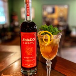 Amaro Spritz. Similar to an Aperol Spritz, made with our double gold award winning Amaro y Arroyo liqueur.