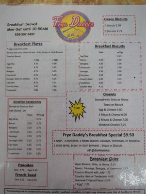 Menu photo 1 Frye Daddy's Diner Hildebran, NC