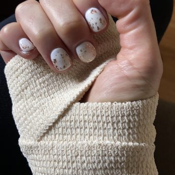 Tru Nail Lounge - Gel mani - white base, gold flecked clear gel polish on top. - Nail Salons Near Me - Seattle, Washington