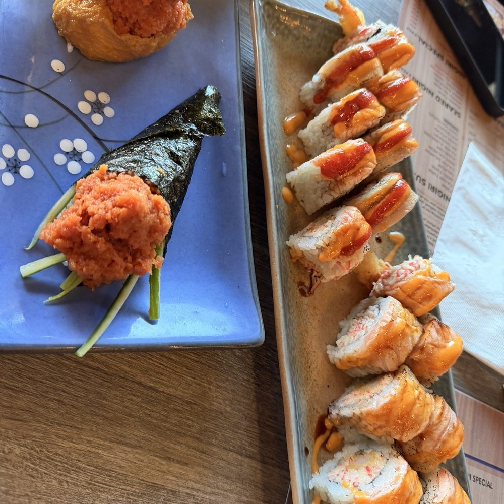 Sushi Tsunami - Yubu Spicy Tuna, hand roll, plus flaming dragon and exotic salmon - Sushi Bars Near Me - Pleasant Hill, California Sushi Tsunami - Yubu Spicy Tuna, hand roll, plus flaming dragon and exotic salmon - Sushi Bars Near Me - Pleasant Hill, California