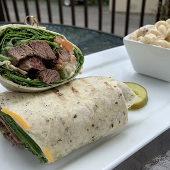 Hilltop Restaurant & Bar - Black 'n Blue Wrap with pasta salad. - Bars Near Me - Lockport, New York