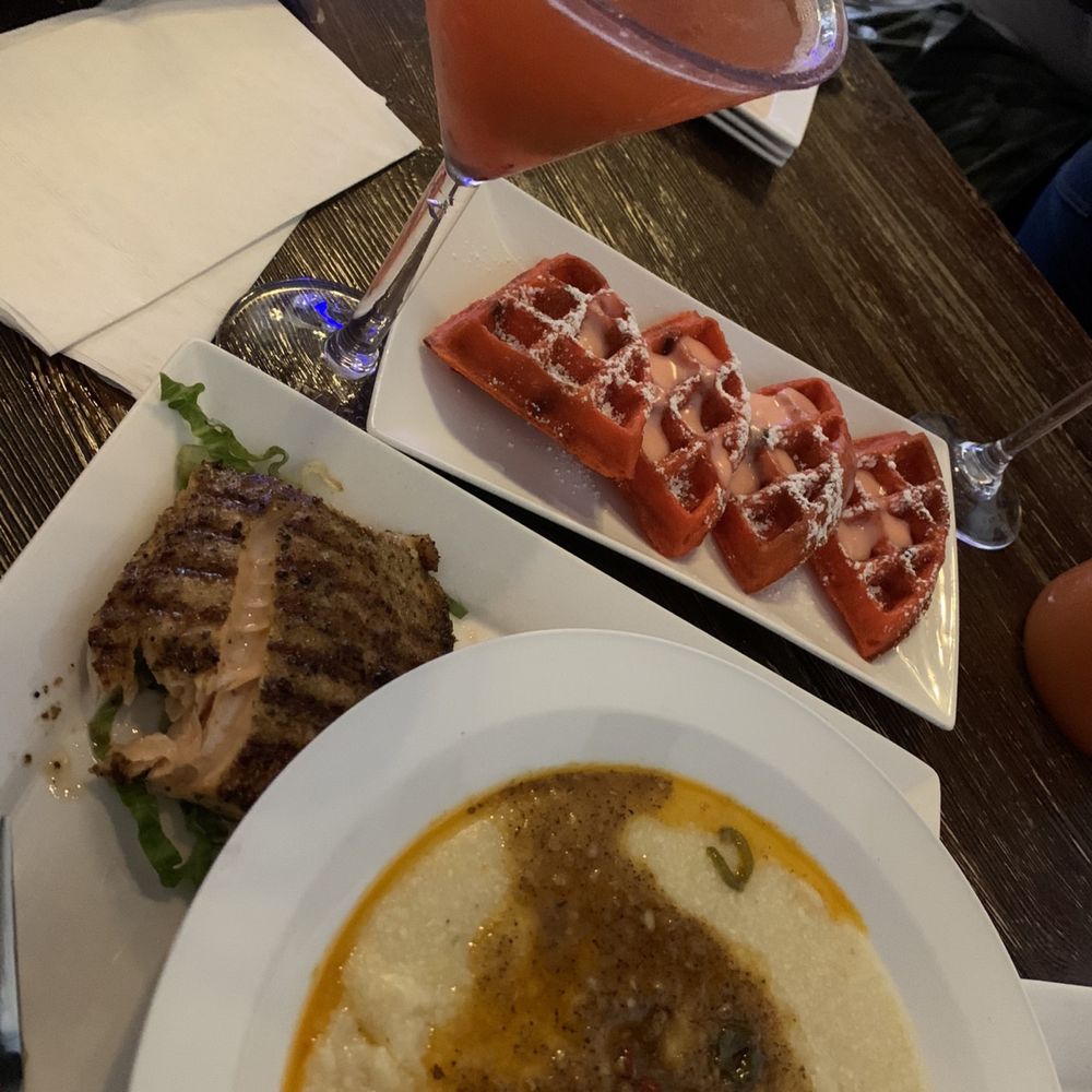 Blu Seafood - Red velvet waffles, salmon and grits - Seafood Near Me - Queens, New York