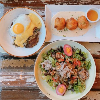 Common Restaurant - (L to R) Boar Bacon and Egg; Shushpuppies; Tuna Poke Nicoise Salad with extra duck. - Cocktail Bars Near Me - Savannah, Georgia Common Restaurant - (L to R) Boar Bacon and Egg; Shushpuppies; Tuna Poke Nicoise Salad with extra duck. - Cocktail Bars Near Me - Savannah, Georgia
