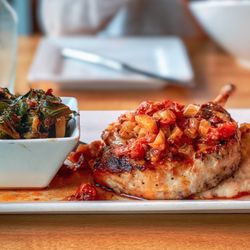 Scratch Kitchen and Taproom - Bone-In Pork Chop / Pear-Fennel Chutney / Potato Parsnip Mash / Bacon Collard Greens