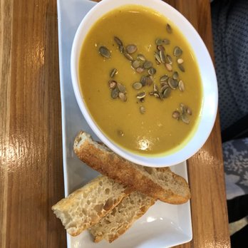 Parva Bakeshop Cafe - Butternut squash soup with toasted focaccia bread - Coffee & Tea Near Me - Jackson Heights, New York Parva Bakeshop Cafe - Butternut squash soup with toasted focaccia bread - Coffee & Tea Near Me - Jackson Heights, New York
