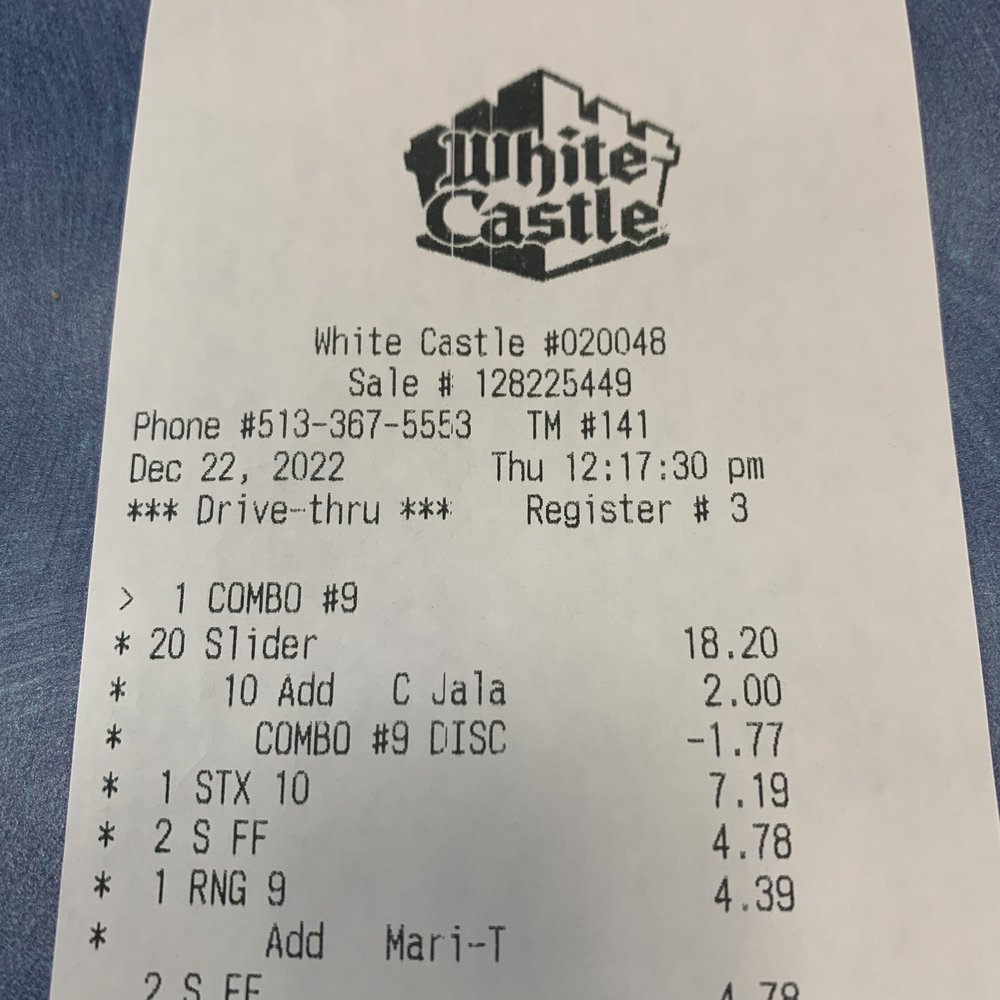 White Castle - the receipt for the restaurant - Burgers Near Me - Harrison, Ohio