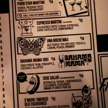Mama Tried - Menu showing espresso martini and side salad which are musts! - Pubs Near Me - Miami, Florida