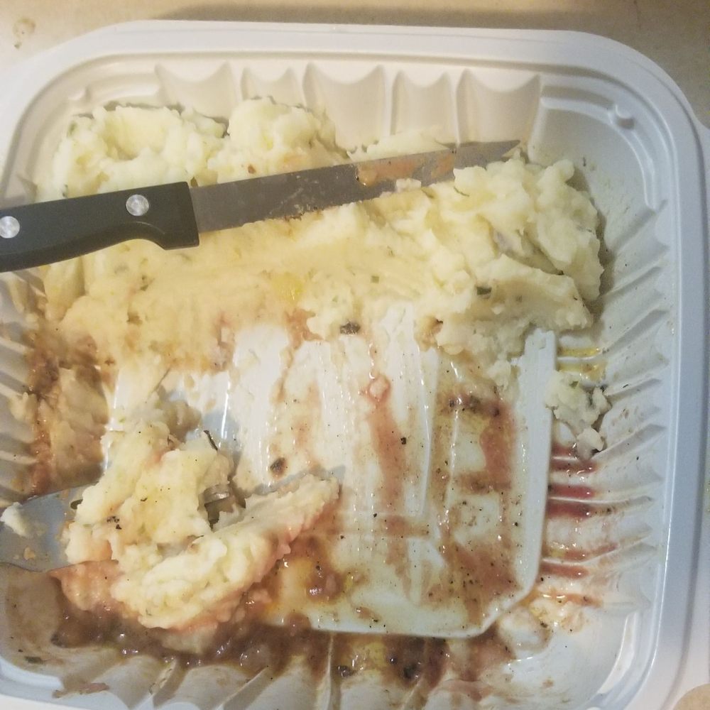 The Ruby Tuesday To-Go Plate without steak (it was being re-cooked)