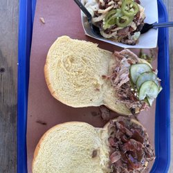 Lazy G BBQ - Top to bottom: BBQ Mac, pulled pork sandwich, chopped brisket sandwich