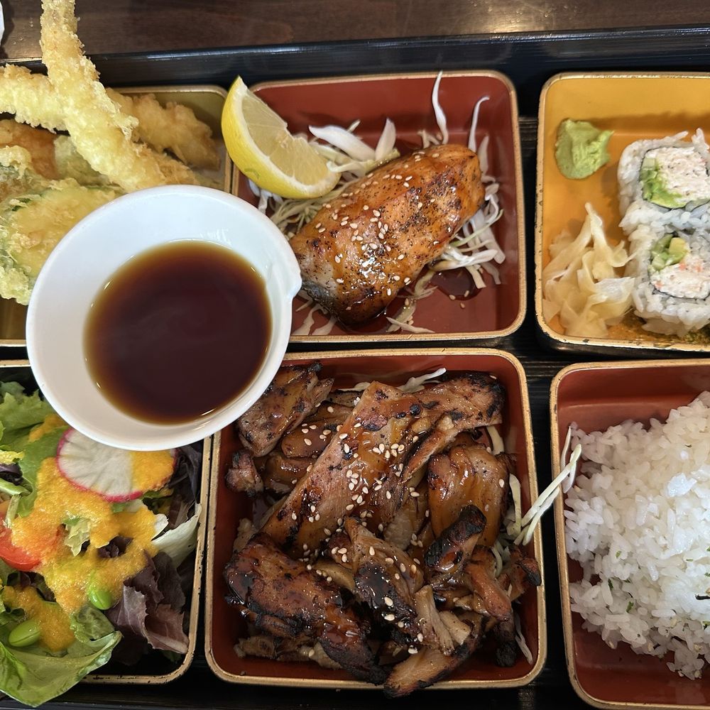 Bento with Teriyaki Salmon and Chicken.  Love the Tempura Okra (5 stars)