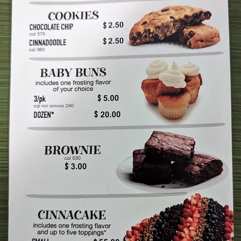 Cinnaholic - This is the back page of their paper menu.  Photo taken January 3, 2023. - Bakeries Near Me - Virginia Beach, Virginia