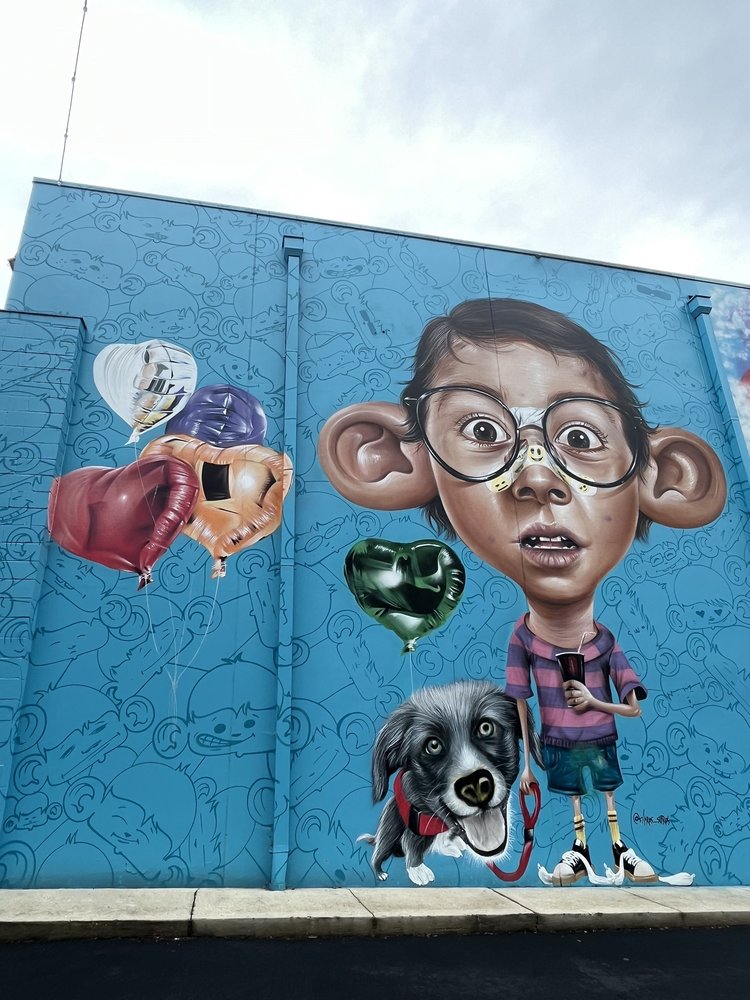 BOY WITH PUPPY & BALLOONS MURAL 1305 Battleground Ave, Greensboro, North Carolina Public Art