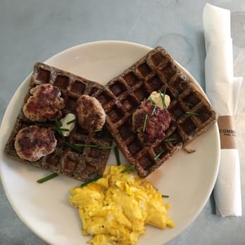 Commune - Heirloom Cornmeal Waffles with country sausage and eggs - Cafes Near Me - Virginia Beach, Virginia Commune - Heirloom Cornmeal Waffles with country sausage and eggs - Cafes Near Me - Virginia Beach, Virginia