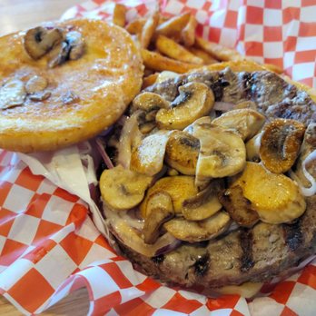 Good Burger - inside the mushroom burger (without lettuce, tomato, pickle) - Burgers Near Me - Shoreline, Washington