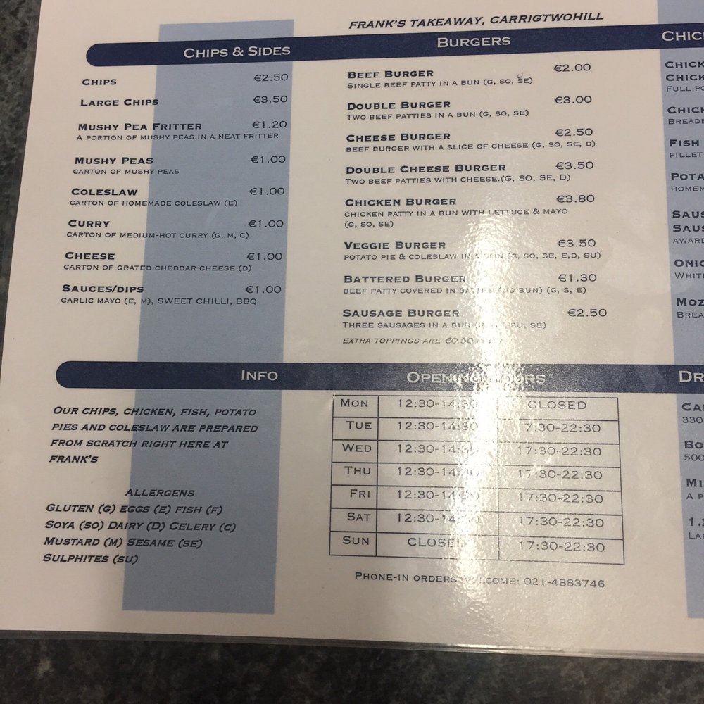Frank's Takeaway - Menu - Burgers Near Me - Carrigtohill, Colorado