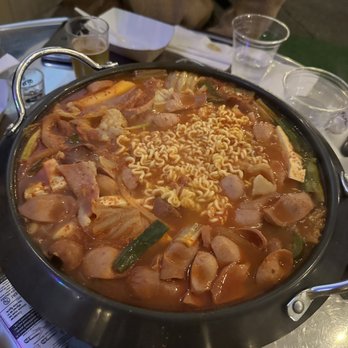 Joo Pocha - Spicy Sausage Stew (Army Stew) - Korean Near Me - Los Angeles, California Joo Pocha - Spicy Sausage Stew (Army Stew) - Korean Near Me - Los Angeles, California