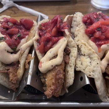 Treylor Park - Chicken & Pancake Tacos-Taste Explosion. Who would have thought these flavors went together!? - New American Near Me - Savannah, Georgia Treylor Park - Chicken & Pancake Tacos-Taste Explosion. Who would have thought these flavors went together!? - New American Near Me - Savannah, Georgia