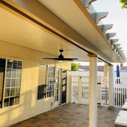 Mejia Patios & More - Patio cover not insulated with Roman columns and lights and fan