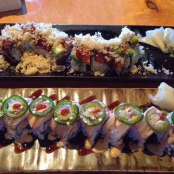 Sushi Cafe - Top one is special dragon roll or something along those lines. Bottom is a jalapeño roll. - Japanese Near Me - Arlington, Texas Sushi Cafe - Top one is special dragon roll or something along those lines. Bottom is a jalapeño roll. - Japanese Near Me - Arlington, Texas