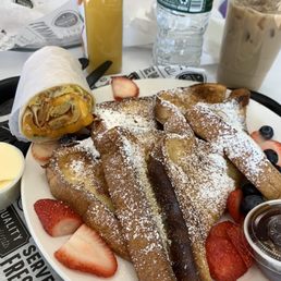 French toast, Cali breakfast burrito and iced coffee French toast, Cali breakfast burrito and iced coffee