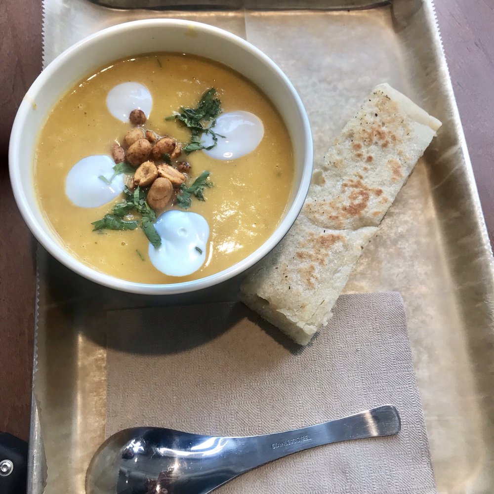 Crossroads Collective - Yummy peanut butternut squash soup with thick and soft soup bread, must try! - Food Court Near Me - Milwaukee, Wisconsin Crossroads Collective - Yummy peanut butternut squash soup with thick and soft soup bread, must try! - Food Court Near Me - Milwaukee, Wisconsin
