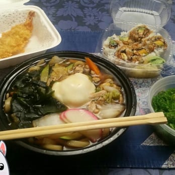 Ocean Fish Sushi & Grill - Nabeyaki Udon (with prawn), wakame salad and Rock 'n Roll all delivered fresh to my home. Yum!! - Japanese Near Me - Pacifica, California