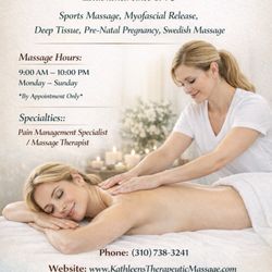 Kathleen Therapeutic Massage - Sports Massage/Pre-Natal-Pregnancy /Pain Management//Massage Therapist Call Kathleen 310)738-3241