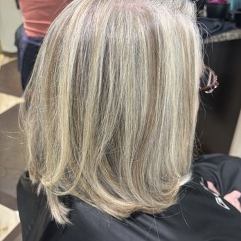 Salon Oggi - Gray blending using highlights and low lights. - Hair Salons Near Me - Clawson, Michigan