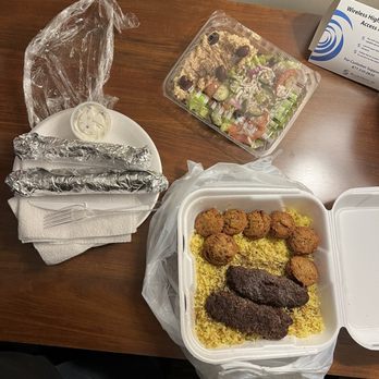 Pizza & Grill - Beef kabobs with salad, falafels on the side & peta bread. - Pizza Near Me - Tempe, Arizona