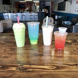 For Goodness Shapes Nutrition - Green dream post workout protein shake, sour gummy bear energy drink, Elvis shake, watermelon tea with mango aloe
