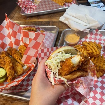 Hangry joes Hot Chicken - Chicken sando combo medium level, hot tenders with fries for both - Chicken Shop Near Me - Annapolis, Maryland Hangry joes Hot Chicken - Chicken sando combo medium level, hot tenders with fries for both - Chicken Shop Near Me - Annapolis, Maryland