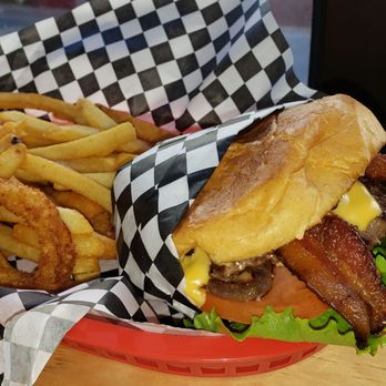 Jasmin's - Cheezburger with Bacon and a side of half fries and half onion rings. So yummy ! - Burgers Near Me - San Francisco, California