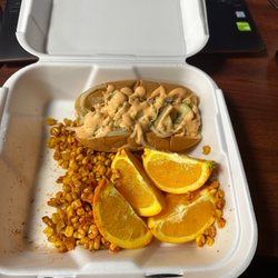 Frannie’s Vegan Cafe - Lobster roll, corn, fruit