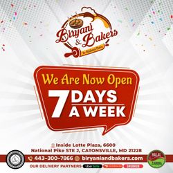Biryani & Bakers @ Catonsville - Yes! We're Open to Serve you for 7 Days a Week.
.
Call for info @443-300-7866