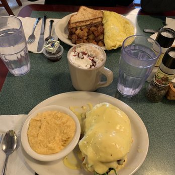 Brother Juniper's - Smoked salmon eggs Benedict with cheese loaded grits, raspberry mocha coffee and omelet with house potatoes and toast - Breakfast & Brunch Near Me - Memphis, Tennessee