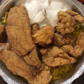 Jones Fried Chicken - Fish and shrimp over rice - Halal Near Me - Houston, Texas Jones Fried Chicken - Fish and shrimp over rice - Halal Near Me - Houston, Texas