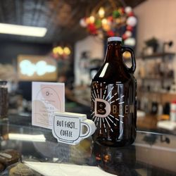 Deja Brew - A branded growler for sale on display