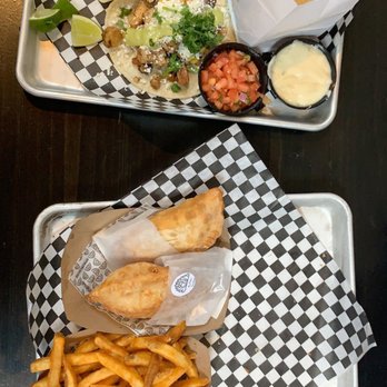 Empamamas - Cheeseburger Empamama, buffalo soldier, vegan taco, chicken taco, fries, chips and salsa - Empanadas Near Me - Tampa, Florida