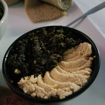 Luhena Restaurant and Bar - Ayib cheese with kocho.  Side dishes included with the kitfo. - Ethiopian Near Me - Las Vegas, Nevada