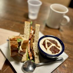 Red Emma's Bookstore Coffeehouse - It's all about the presentation--and taste! TLT (Tempeh Bacon, Lettuce & Tomato) and Cup of Chili