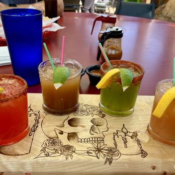 El Chipotle - Margarita flight. I can't remember exactly but from left to right I believe they were strawberry, tamarind, cucumber melon, and guava. - Mexican Near Me - Arcata, California
