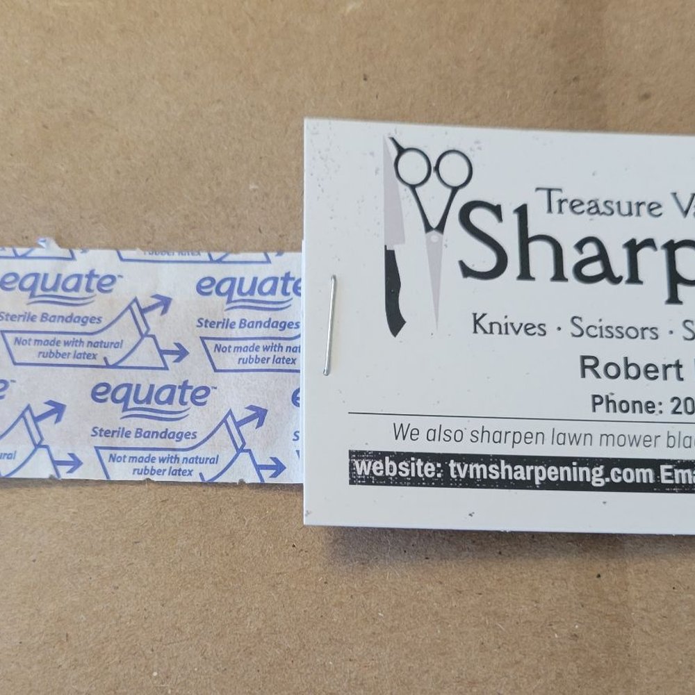 Treasure Valley Mobile Sharpening - Chuckled at band-aid stapled to back of card. Clever! Sharp knives...sure you 'get it'. - Knife Sharpening Near Me - Star, Idaho Treasure Valley Mobile Sharpening - Chuckled at band-aid stapled to back of card. Clever! Sharp knives...sure you 'get it'. - Knife Sharpening Near Me - Star, Idaho