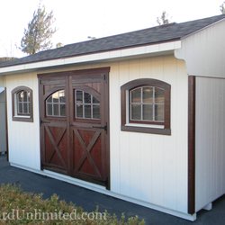 Backyard Unlimited - 10'x16' Quaker Shed with carriage house doors, arched wood windows and ridge vent