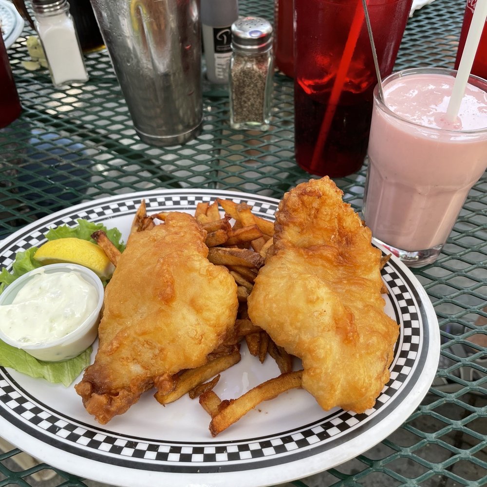 Fish and chips with malted milk shake